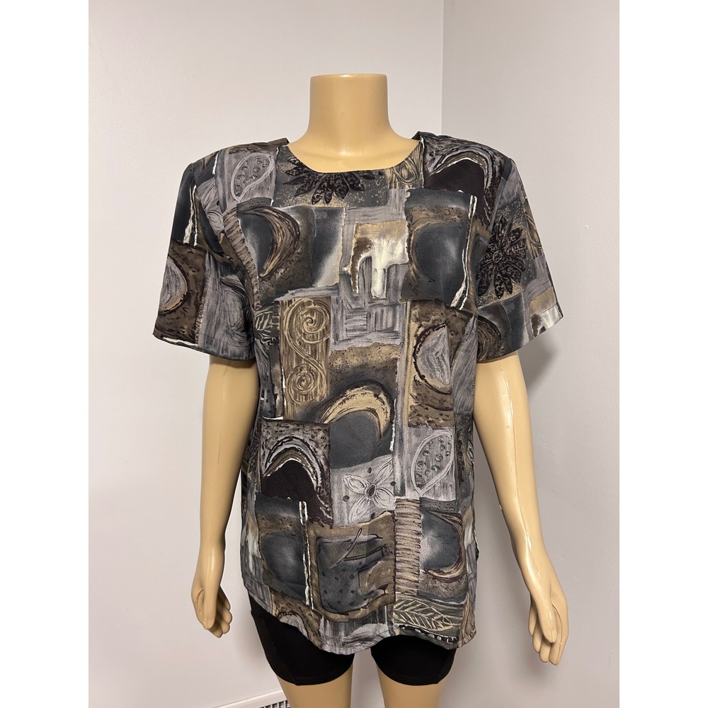 Kathy Che Vintage Abstract Geometric Print Short Sleeve Blouse Grey Black Large